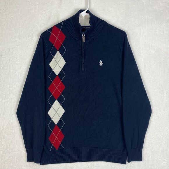 U.S Polo Assn Sweater Mens Large Blue Argyle 1/2 Zip Pullover Mock Neck Casual - Picture 1 of 7